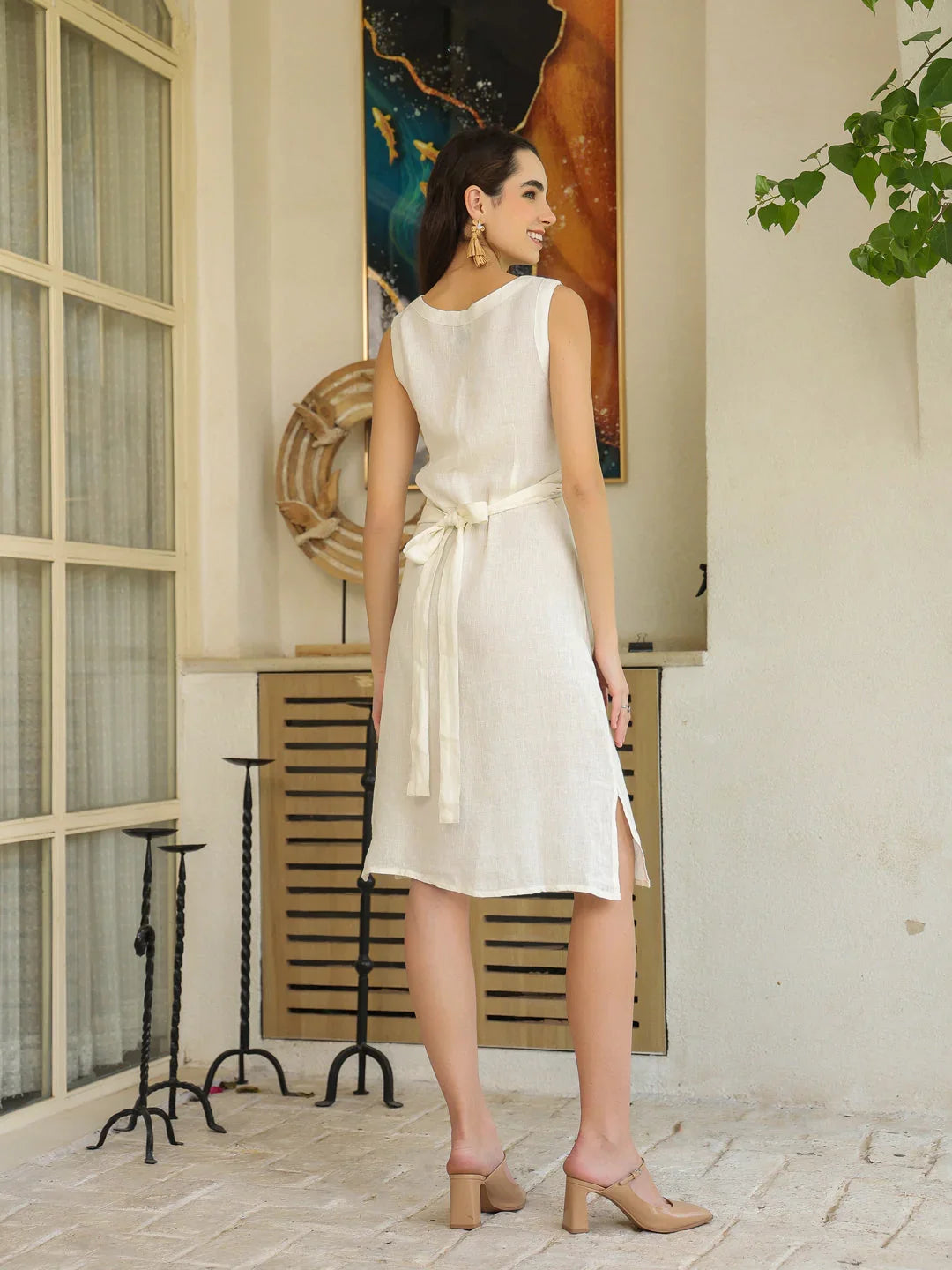 White Linen Blend V-Neck Sleeveless Dress for Women - SanskrutiHomes