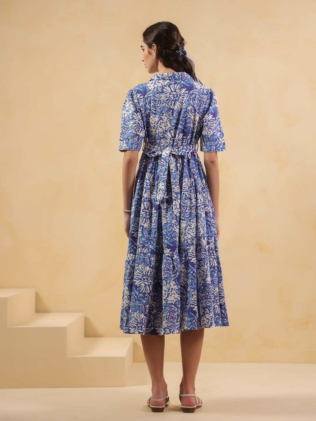 Blue Floral Printed Shirt Coller Dress