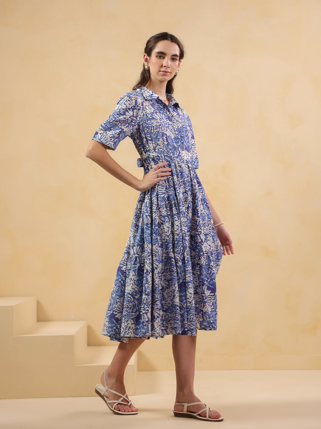 Blue Floral Printed Shirt Coller Dress