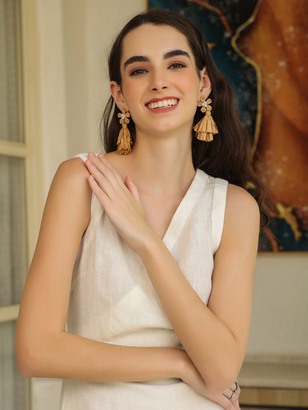 White Linen Blend V-Neck Sleeveless Dress for Women