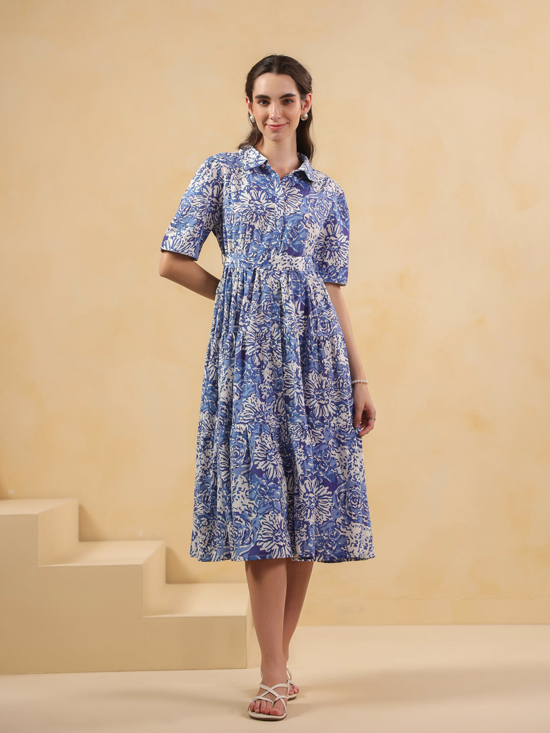 Blue Floral Printed Shirt Coller Dress