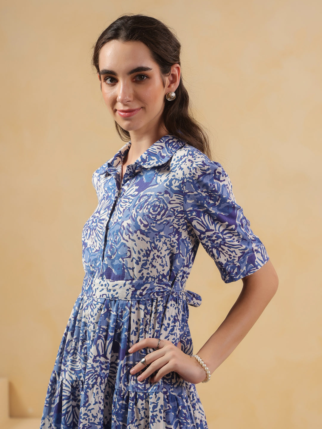 Blue Floral Printed Shirt Coller Dress