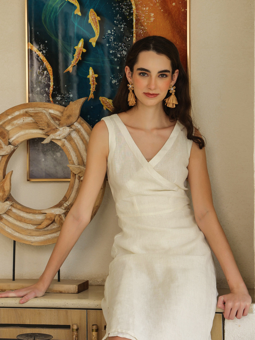 White Linen Blend V-Neck Sleeveless Dress for Women