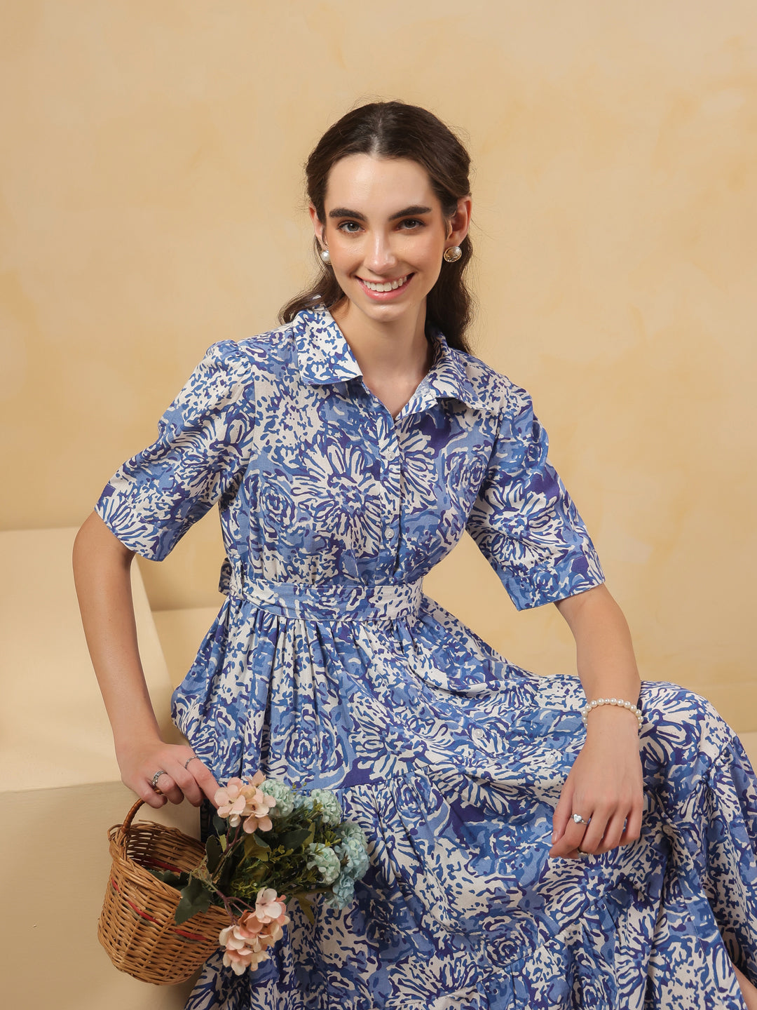 Blue Floral Printed Shirt Coller Dress