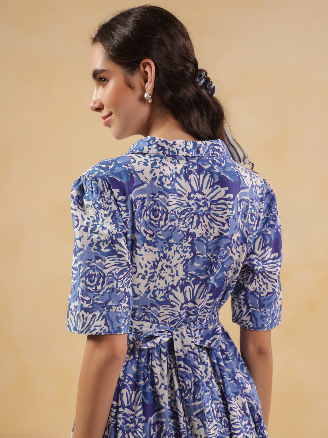 Blue Floral Printed Shirt Coller Dress