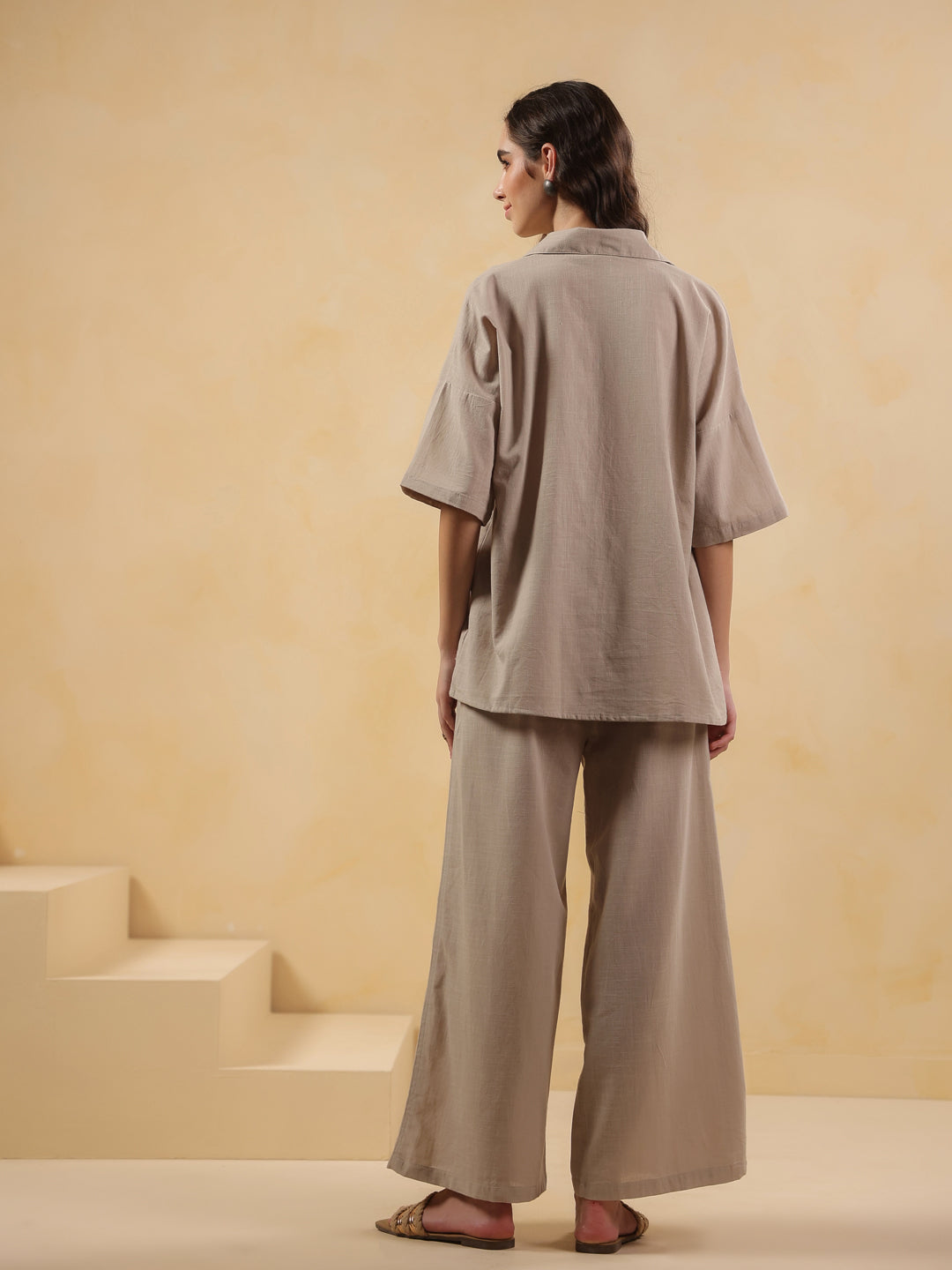 Beige Lapel Collar Pure Cotton Solid Night Suit for Women - SanskrutiHomes