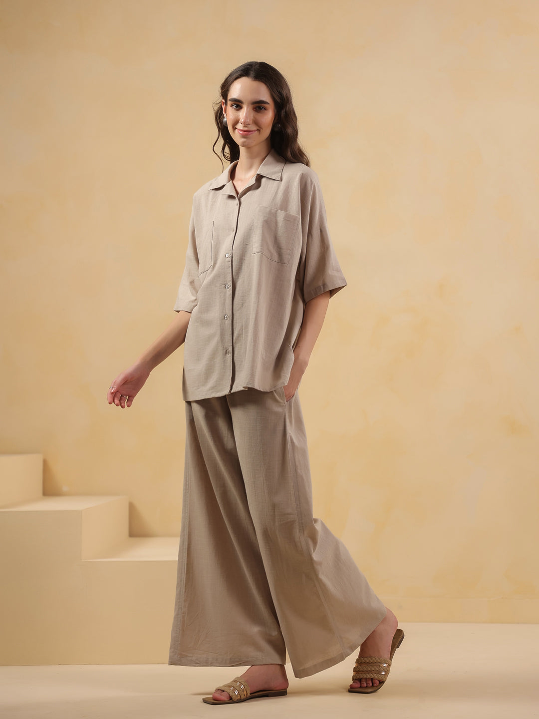 Beige Lapel Collar Pure Cotton Solid Night Suit for Women - SanskrutiHomes
