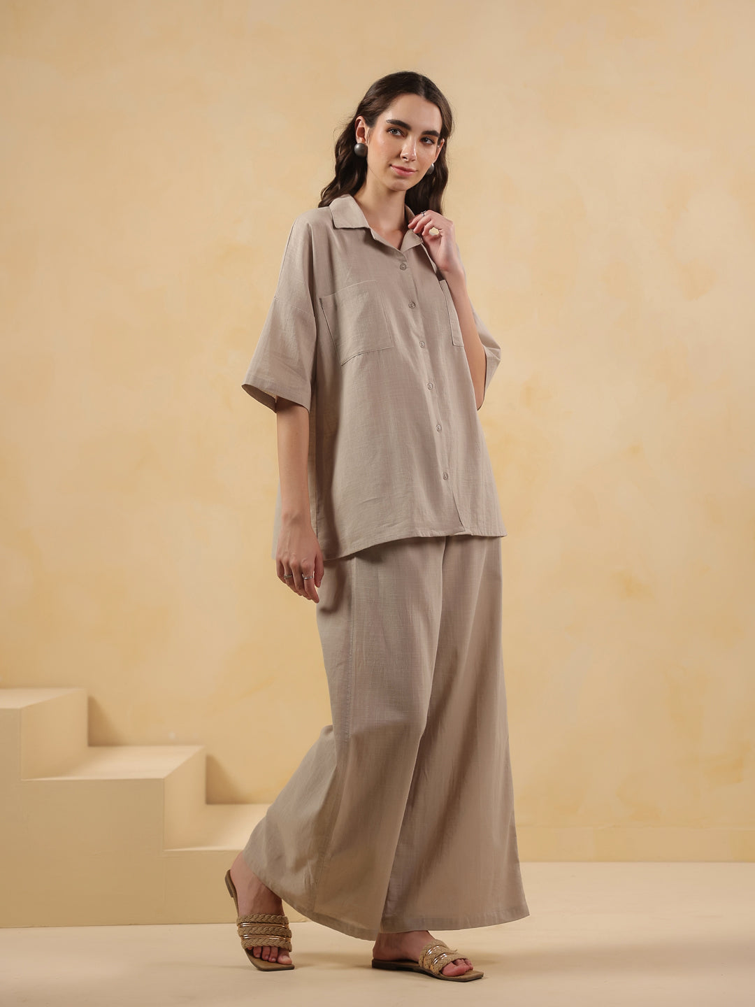 Beige Lapel Collar Pure Cotton Solid Night Suit for Women - SanskrutiHomes