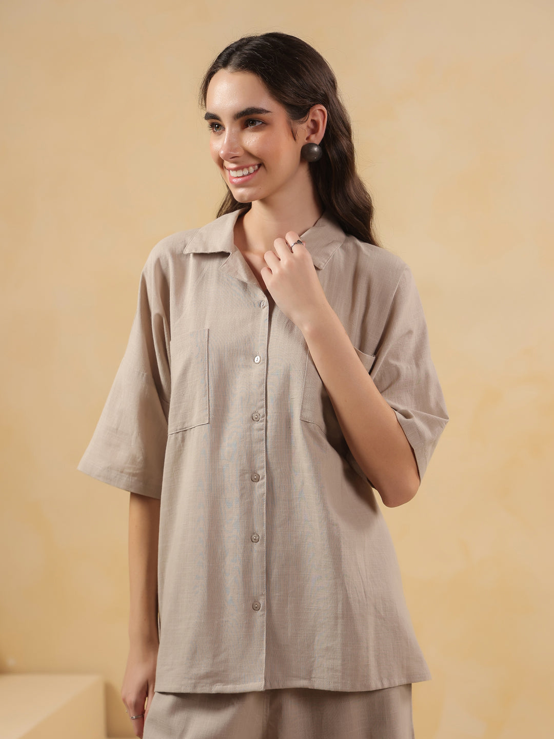 Beige Lapel Collar Pure Cotton Solid Night Suit for Women - SanskrutiHomes