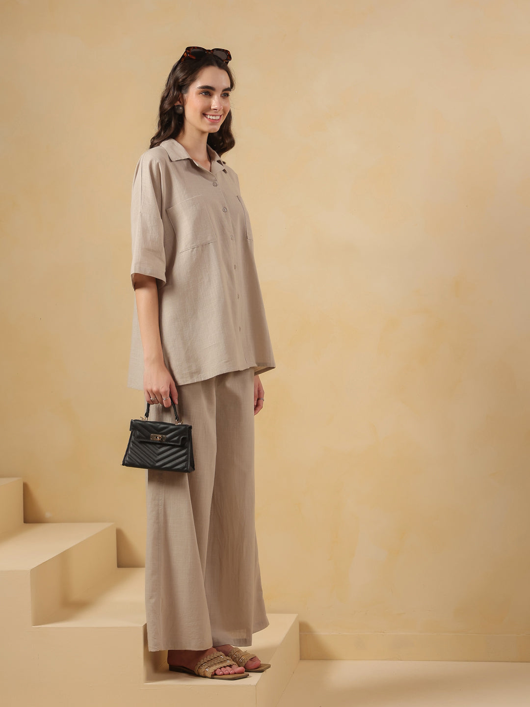 Beige Lapel Collar Pure Cotton Solid Night Suit for Women