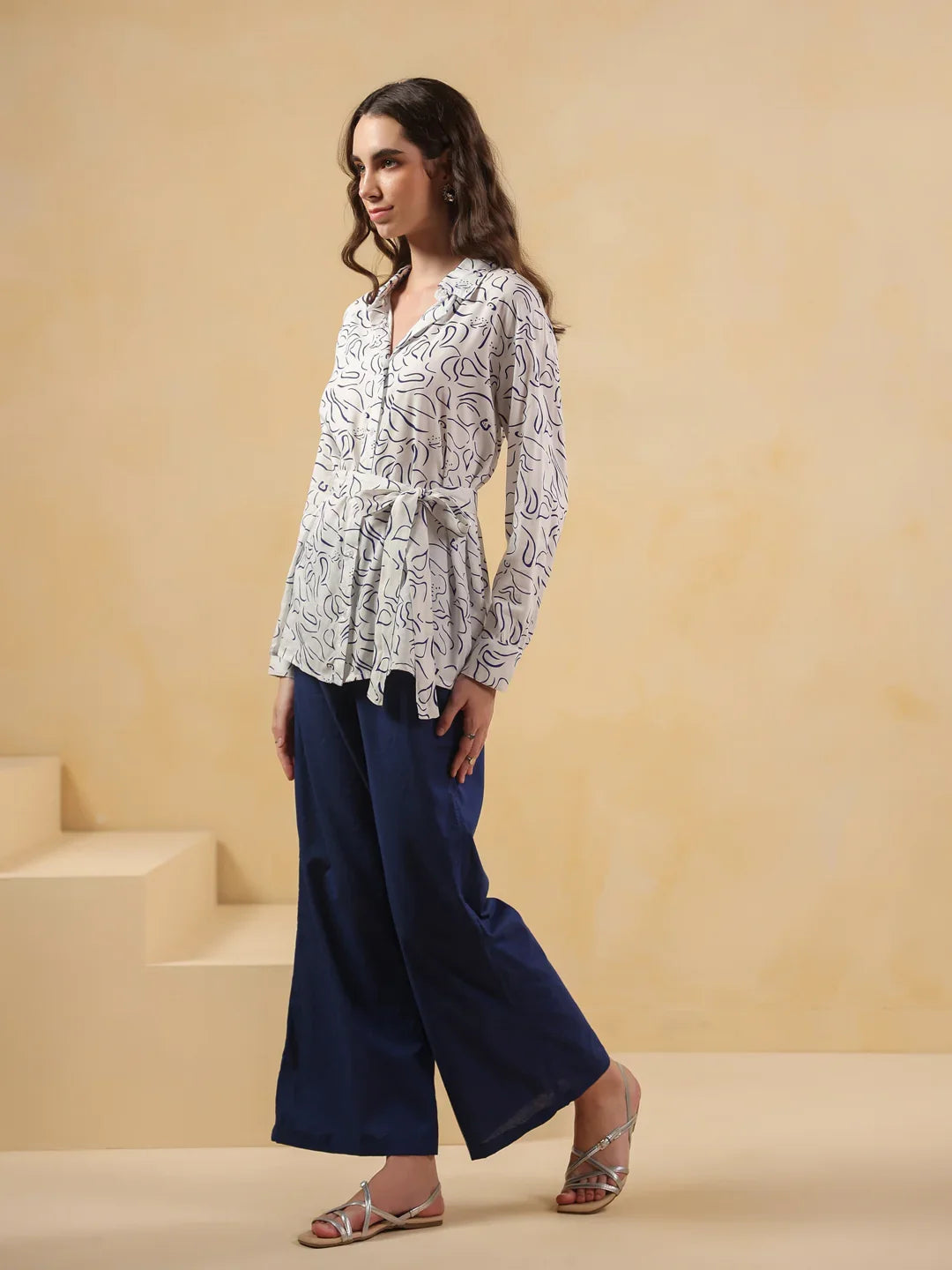 White Shirt Collar Viscose Rayon Shirt Printed Co-ords Set for Women - SanskrutiHomes