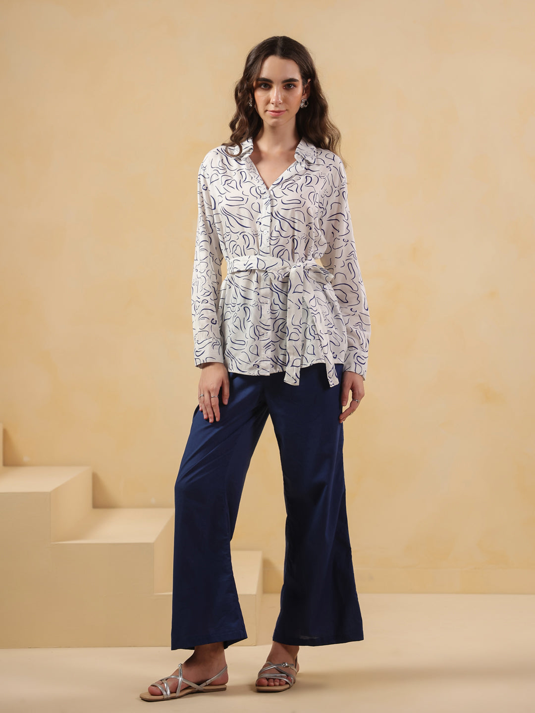 White Shirt Collar Viscose Rayon Shirt Printed Co-ords Set for Women