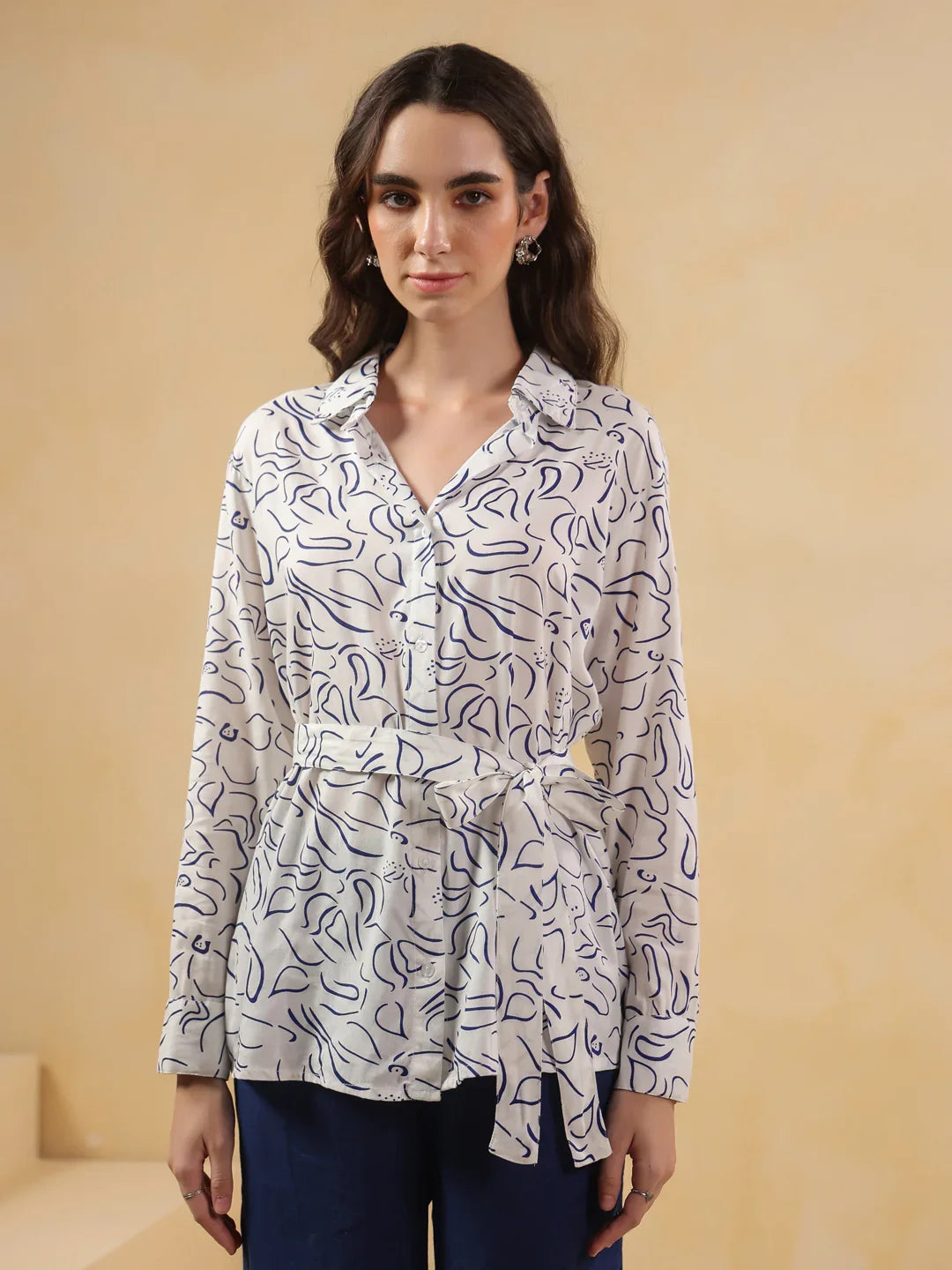 White Shirt Collar Viscose Rayon Shirt Printed Co-ords Set for Women - SanskrutiHomes