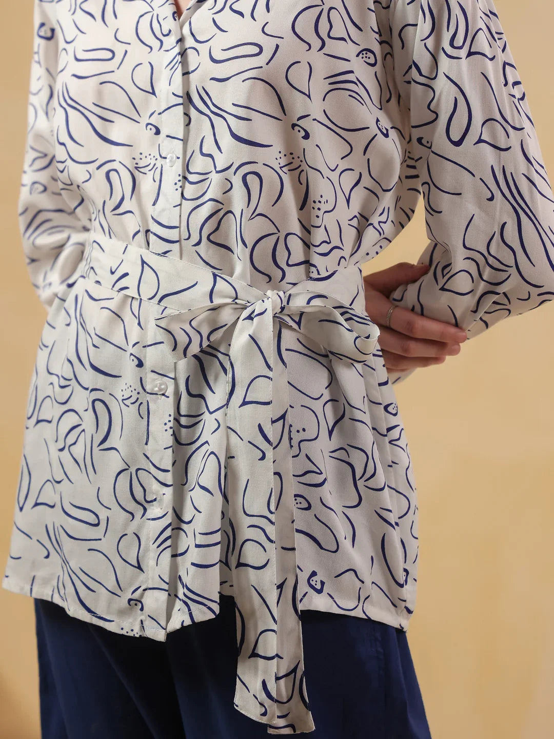 White Shirt Collar Viscose Rayon Shirt Printed Co-ords Set for Women - SanskrutiHomes