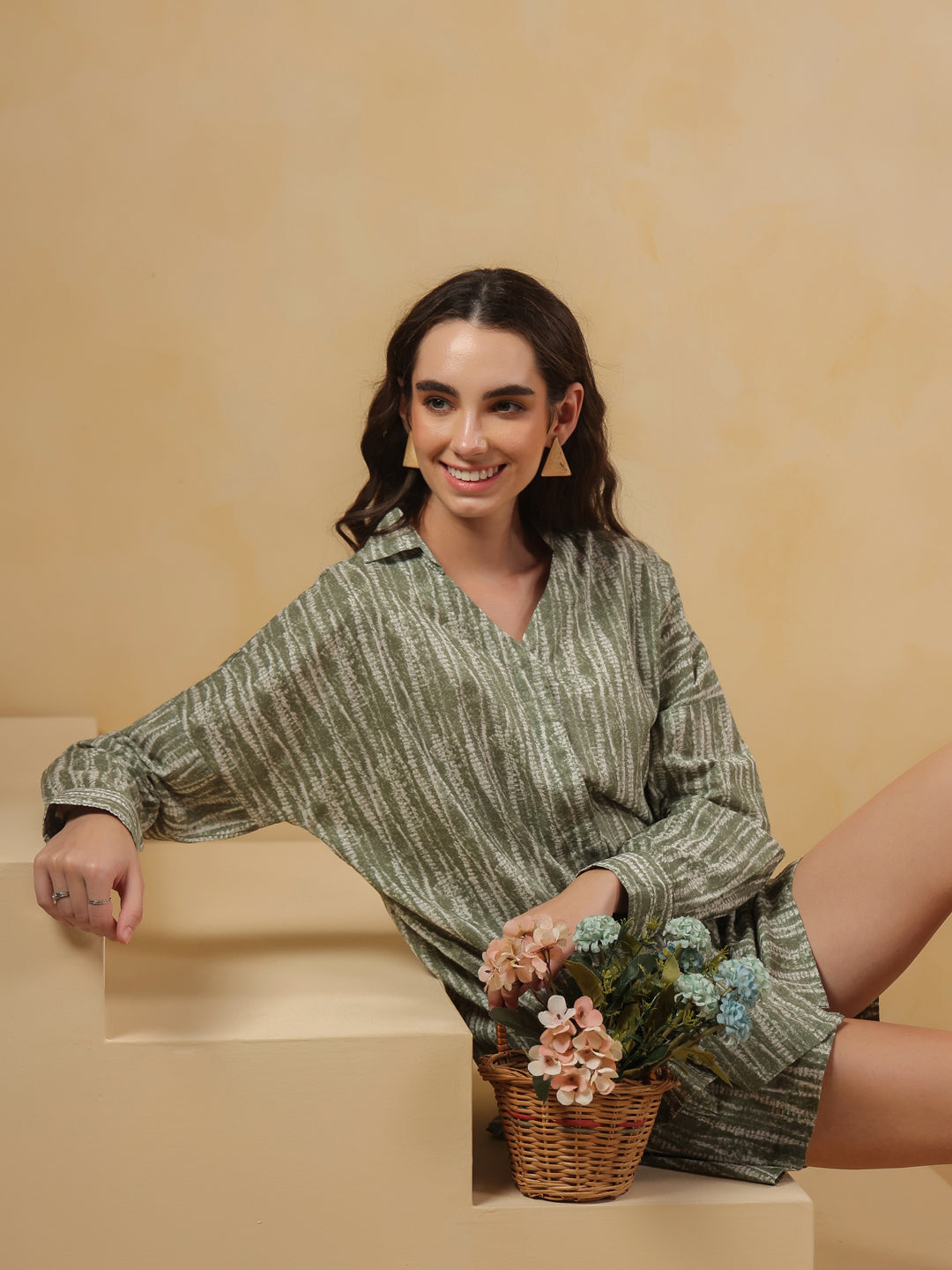 Green Shirt Collar Pure Cotton Printed Night Suit for Women - SanskrutiHomes