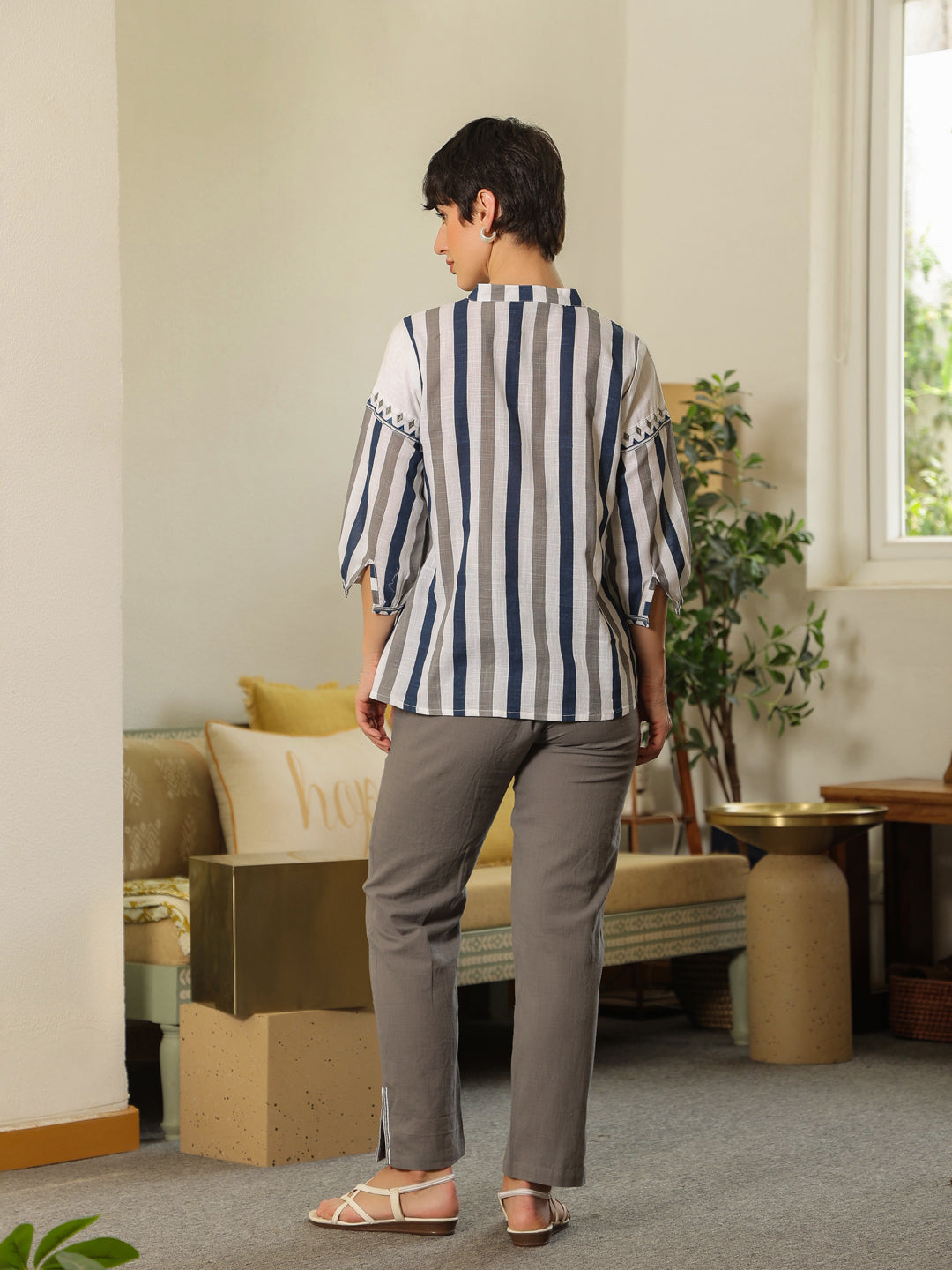 White Mandarin Collar Pure Cotton Top Embroidered Co-Ords Set For Women