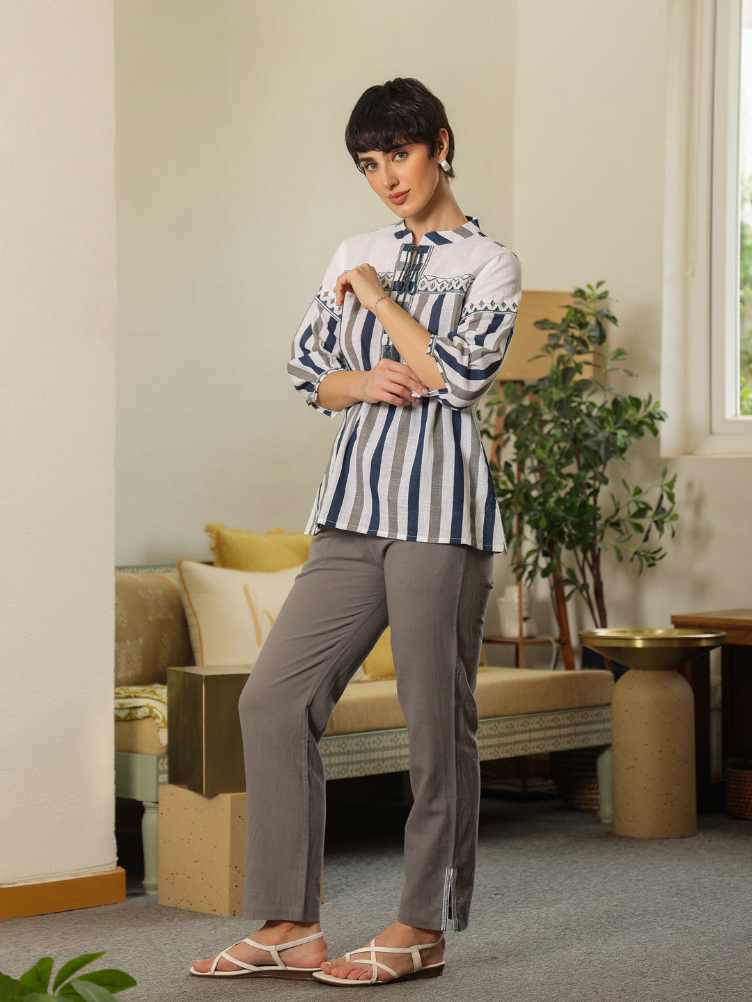 White Mandarin Collar Pure Cotton Top Embroidered Co-Ords Set For Women