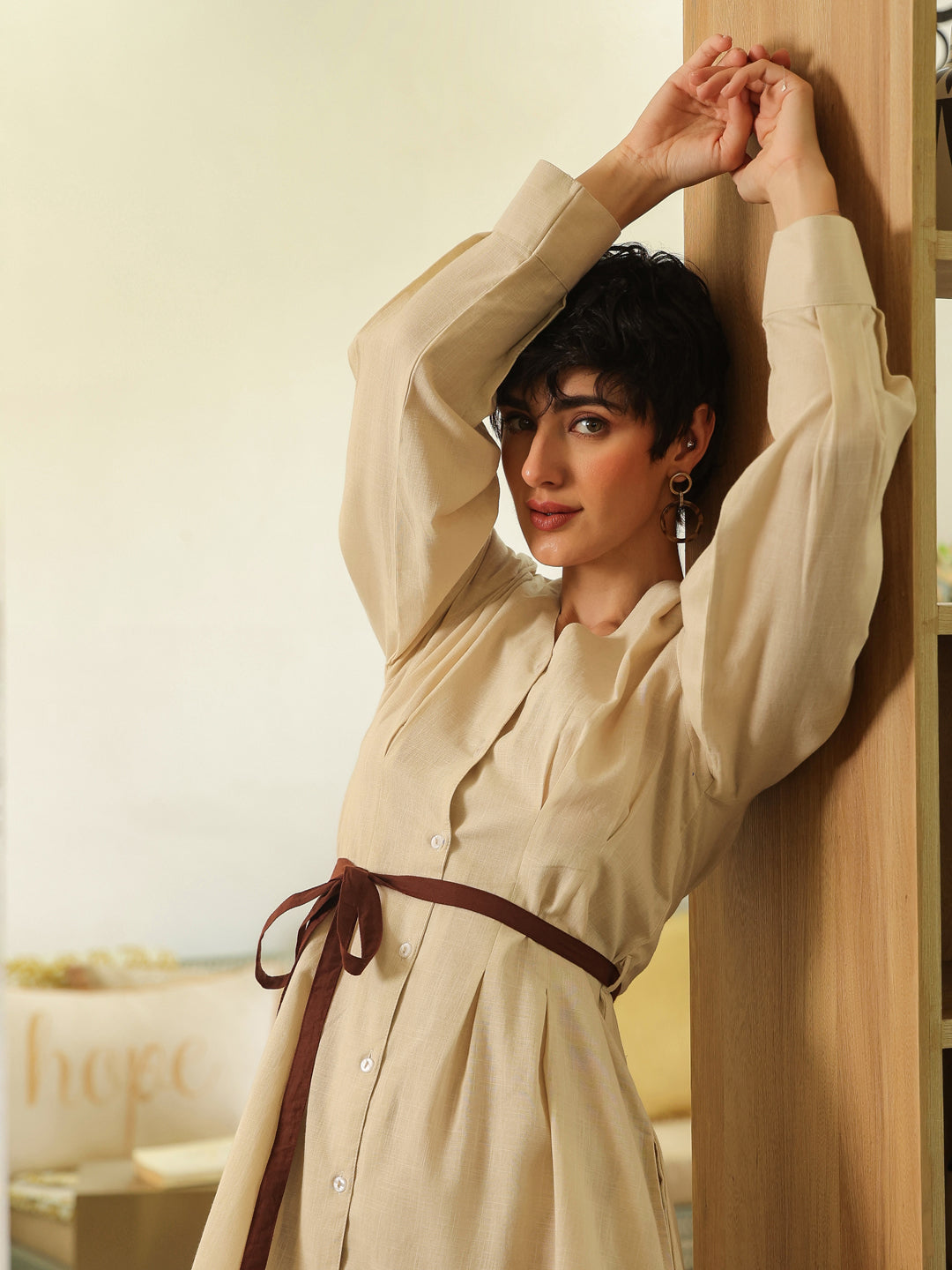 Beige Cotton Solid V-Neck Dress for Women