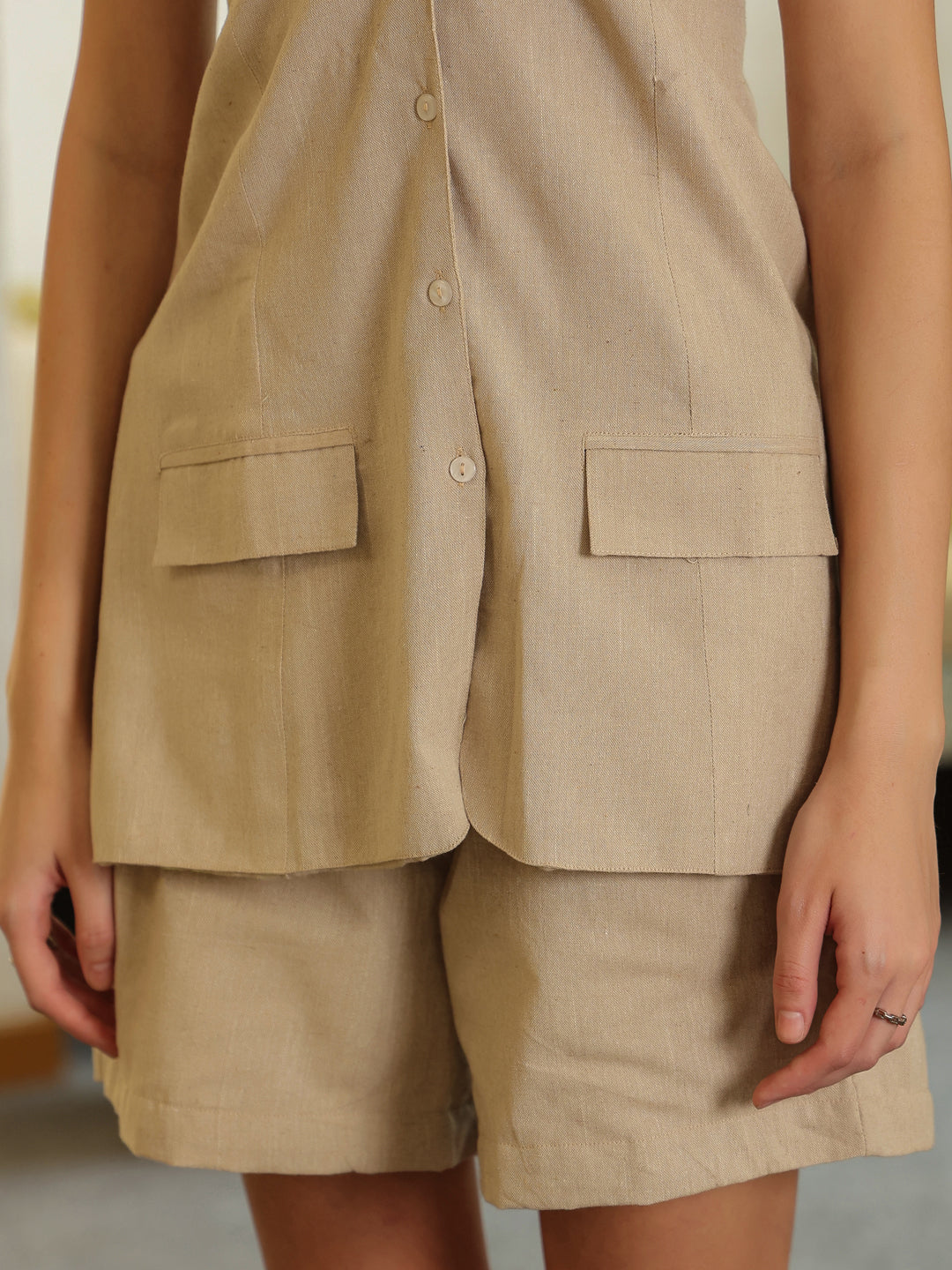 Grey V-Neck Pure Cotton Top Solid Co-ords Set for Women - SanskrutiHomes