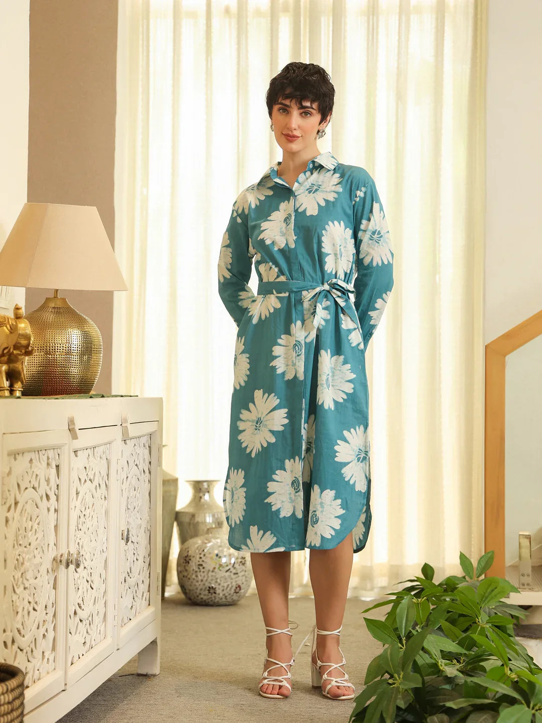 Blue Cotton Printed Shirt Collar Dress for Women - SanskrutiHomes