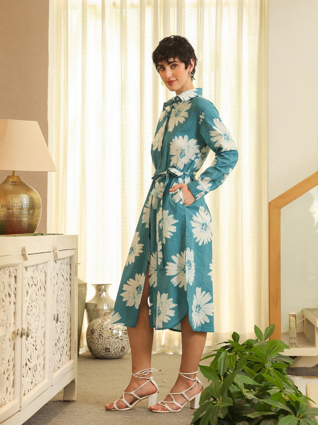 Blue Cotton Printed Shirt Collar Dress for Women - SanskrutiHomes