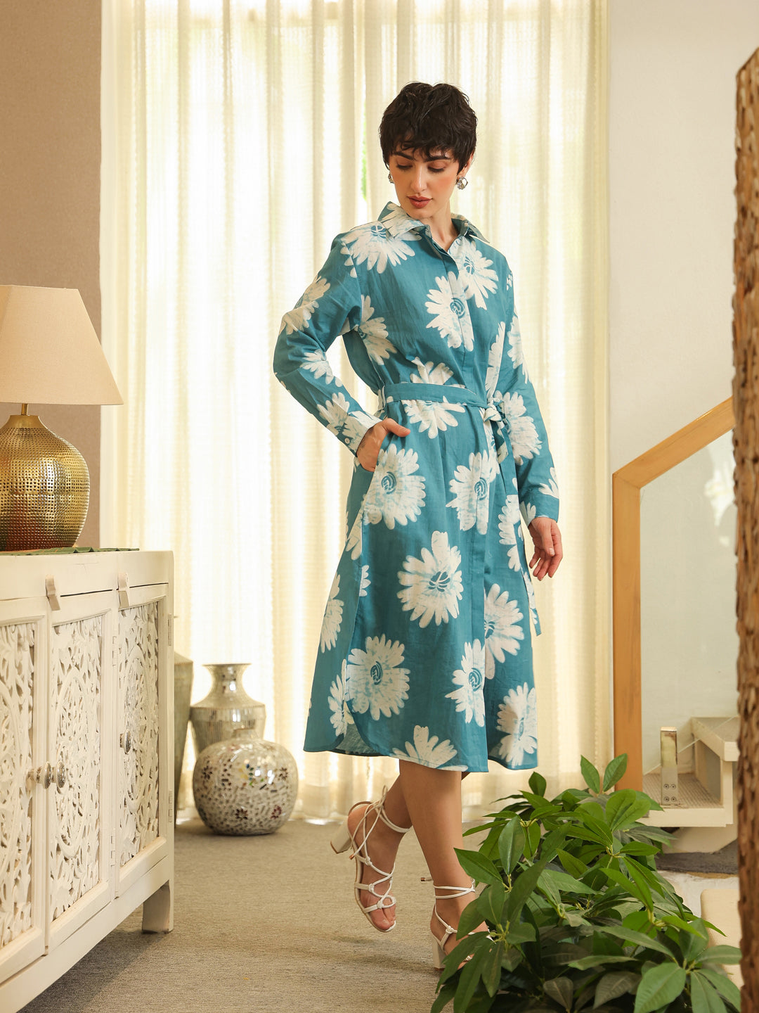 Blue Cotton Printed Shirt Collar Dress for Women