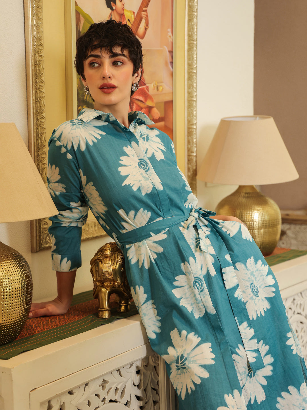 Blue Cotton Printed Shirt Collar Dress for Women