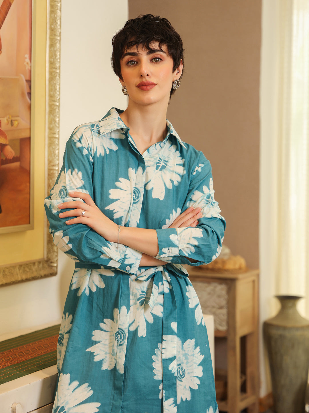 Blue Cotton Printed Shirt Collar Dress for Women