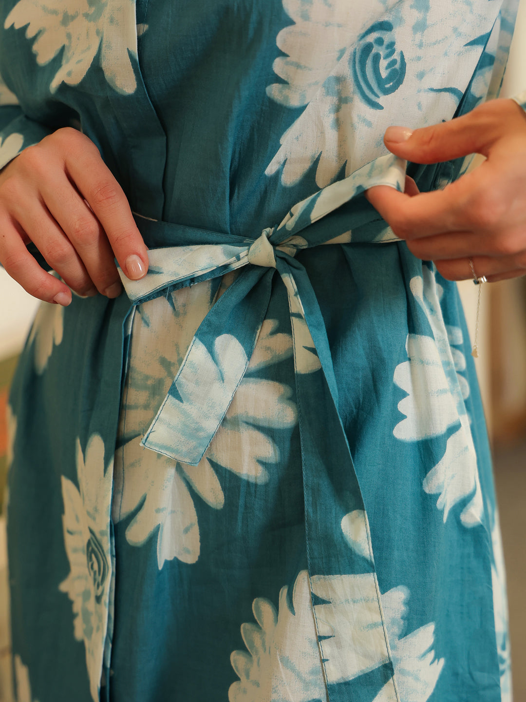 Blue Cotton Printed Shirt Collar Dress for Women