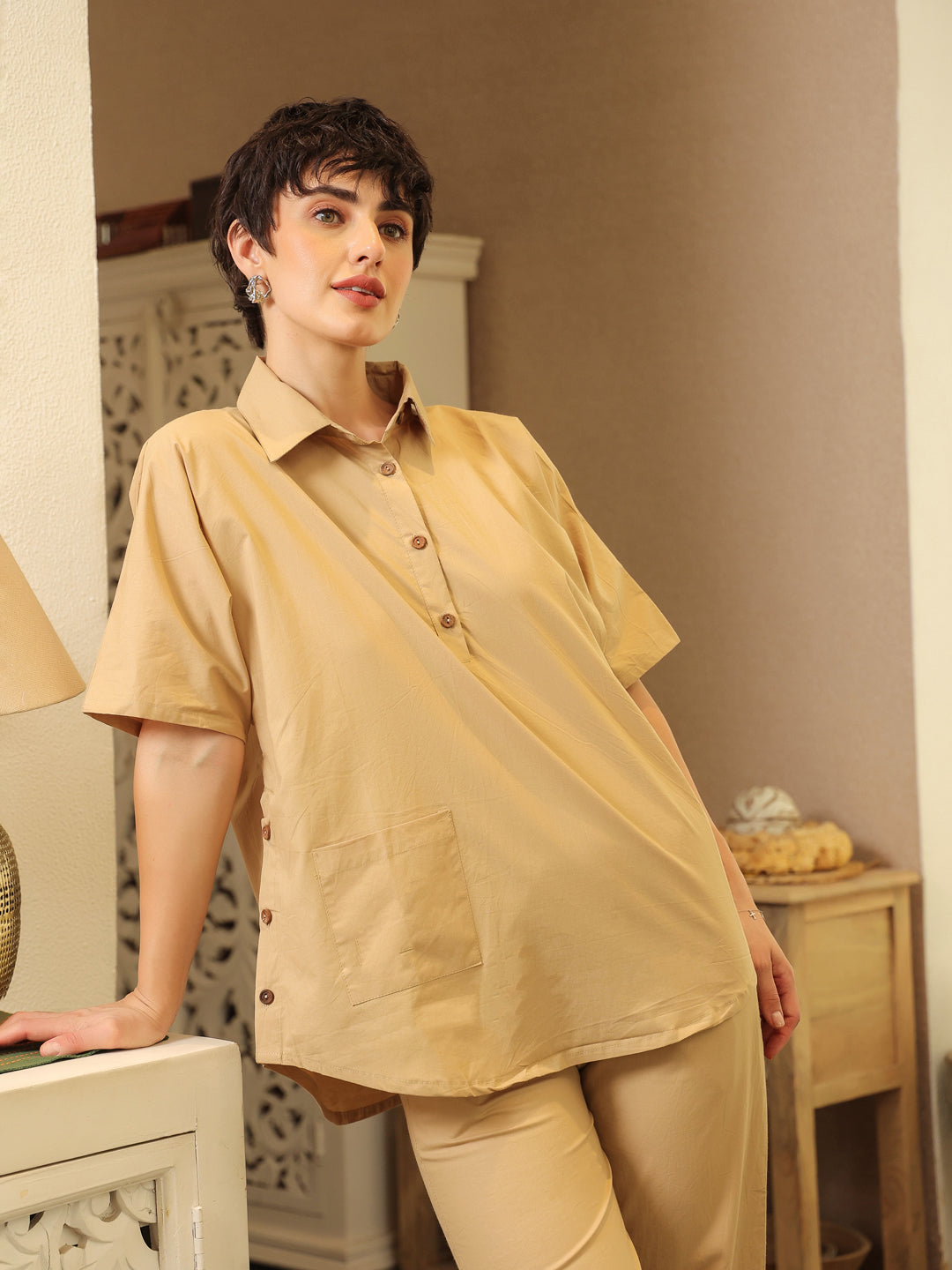 Beige Shirt Collar Pure Cotton Shirt Solid Co-Ords Set For Women