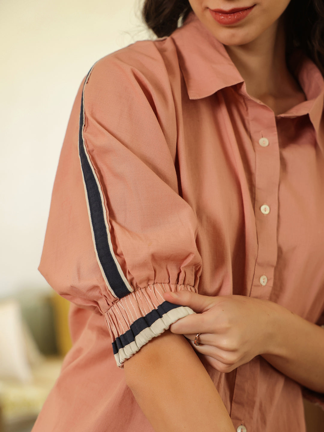 Peach Shirt Collar Pure Cotton Shirt Solid Co-Ords Set For Women