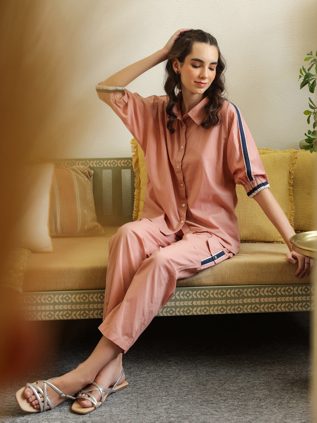 Peach Shirt Collar Pure Cotton Shirt Solid Co-Ords Set For Women