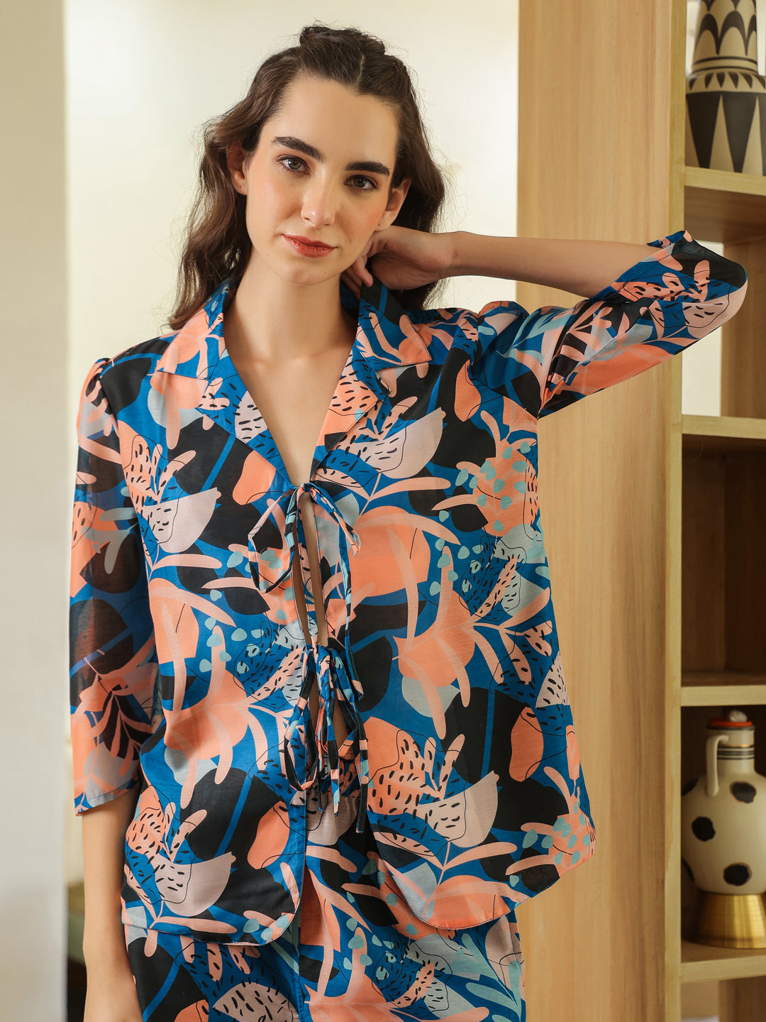 Blue Shirt Collar Polyester Top Printed Co-Ords Set For Women