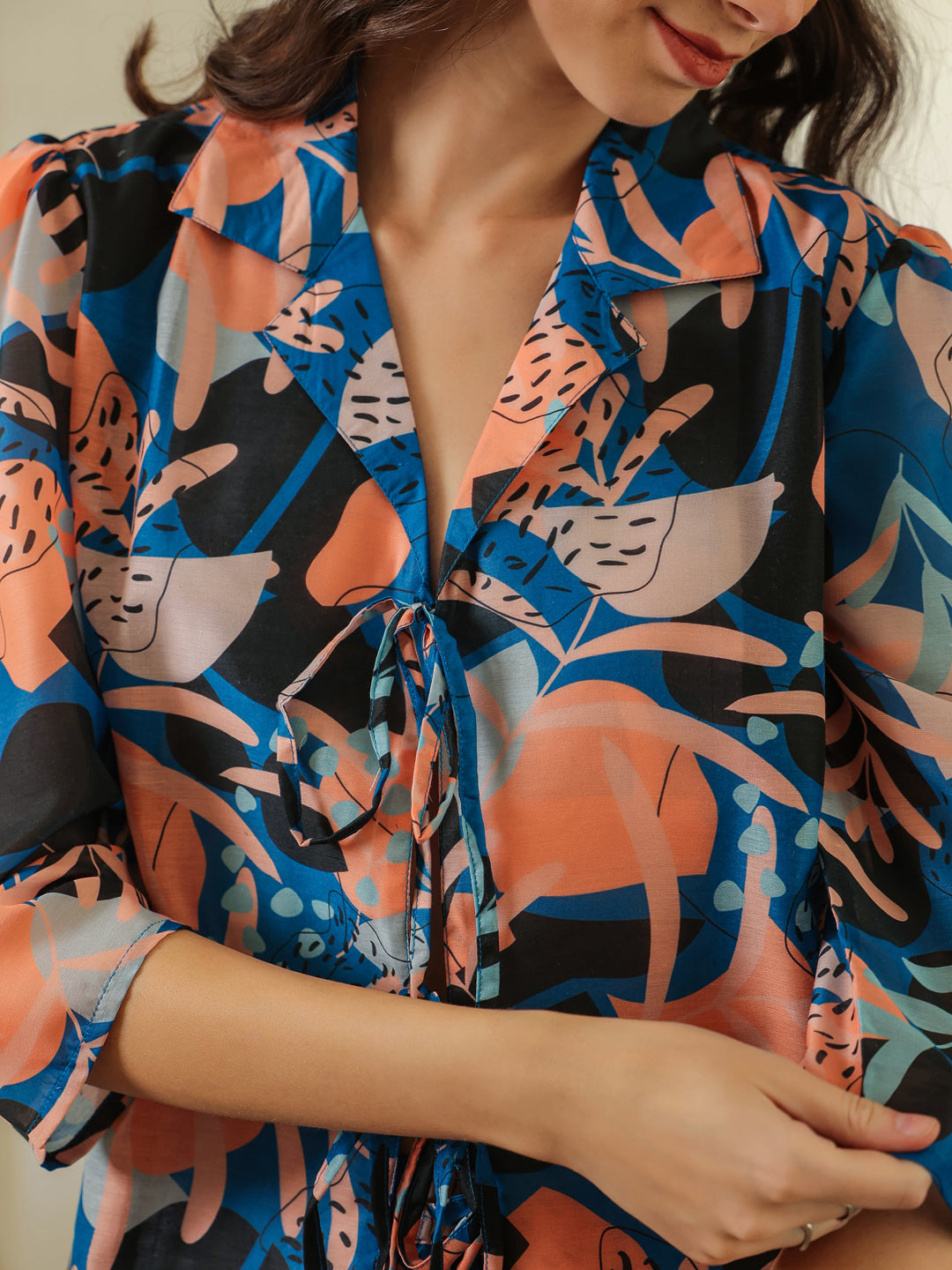 Blue Shirt Collar Polyester Top Printed Co-Ords Set For Women