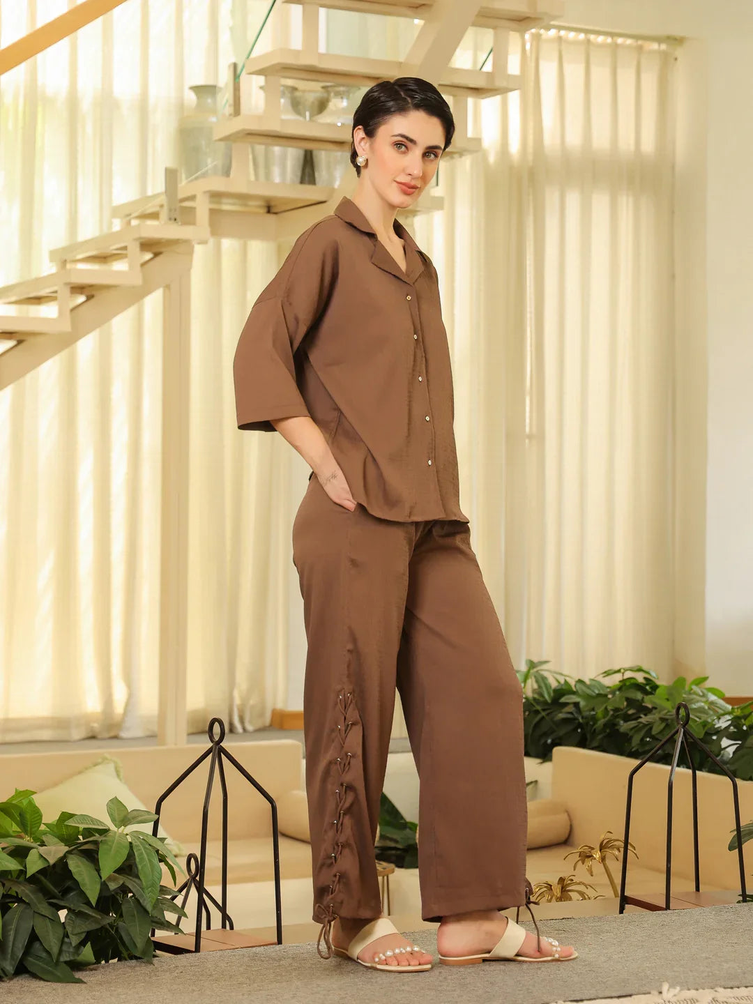 Brown Shirt Collar Viscose Rayon Solid Shirt Co-ords Set for Women - SanskrutiHomes