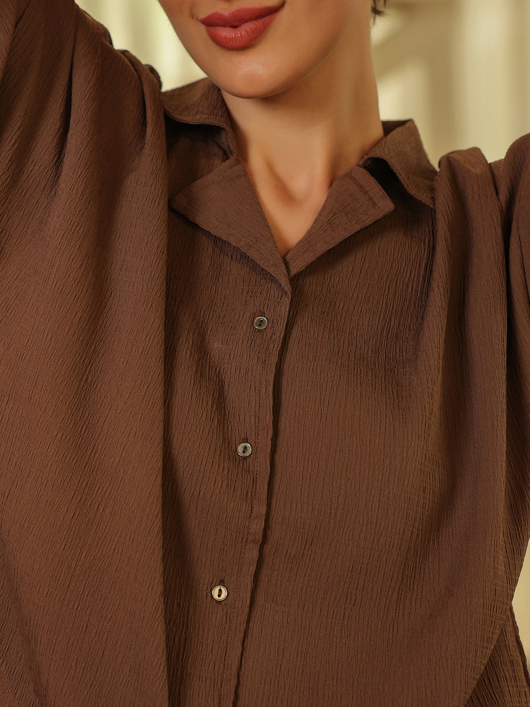 Brown Shirt Collar Viscose Rayon Solid Shirt Co-ords Set for Women