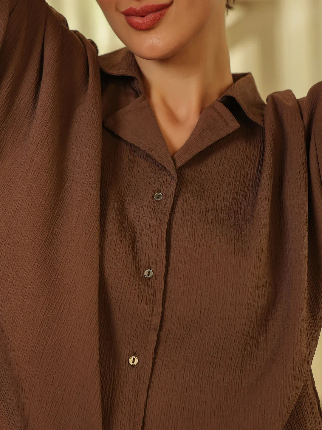 Brown Shirt Collar Viscose Rayon Solid Shirt Co-ords Set for Women - SanskrutiHomes