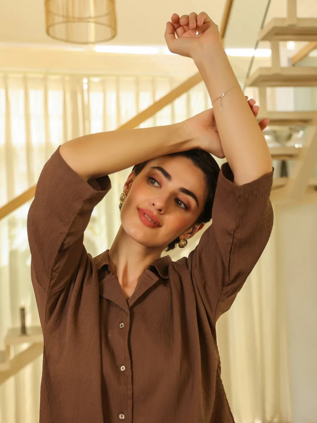 Brown Shirt Collar Viscose Rayon Solid Shirt Co-ords Set for Women - SanskrutiHomes