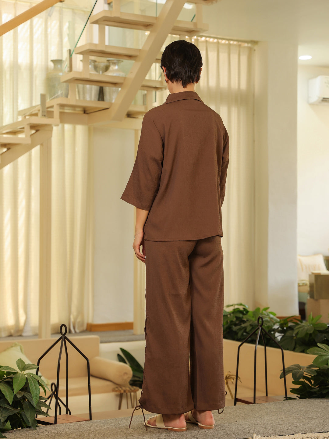 Brown Shirt Collar Viscose Rayon Solid Shirt Co-ords Set for Women