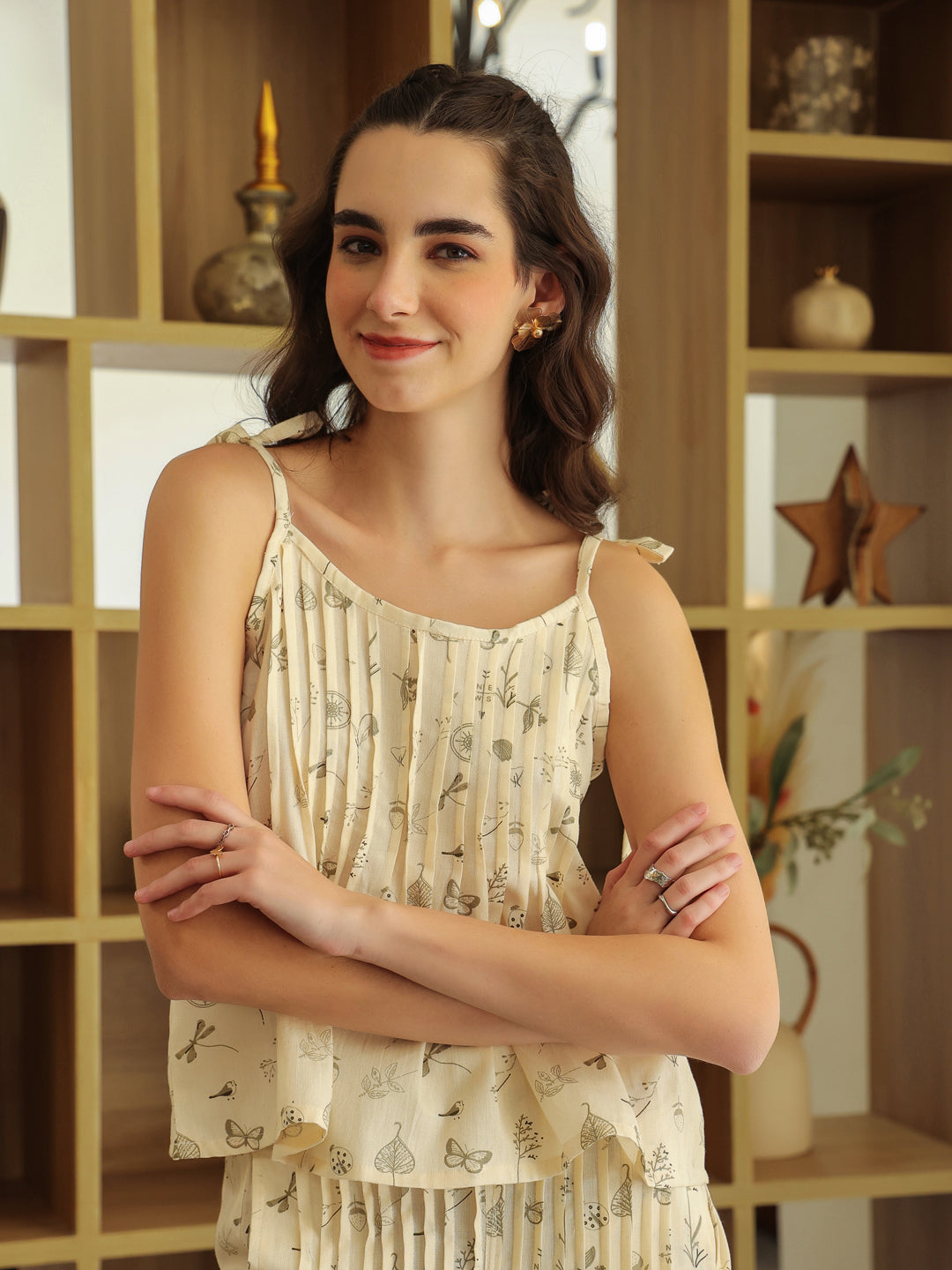 Cream Round Neck Pure Cotton Top Printed Co-Ords Set For Women