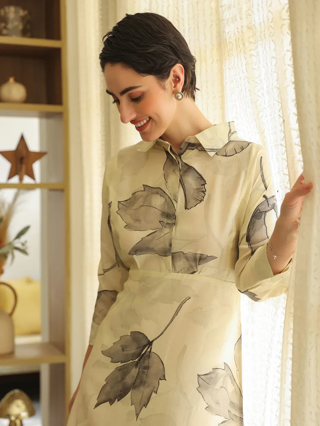 Off White Cotton Printed Shirt Collar Dress for Women - SanskrutiHomes