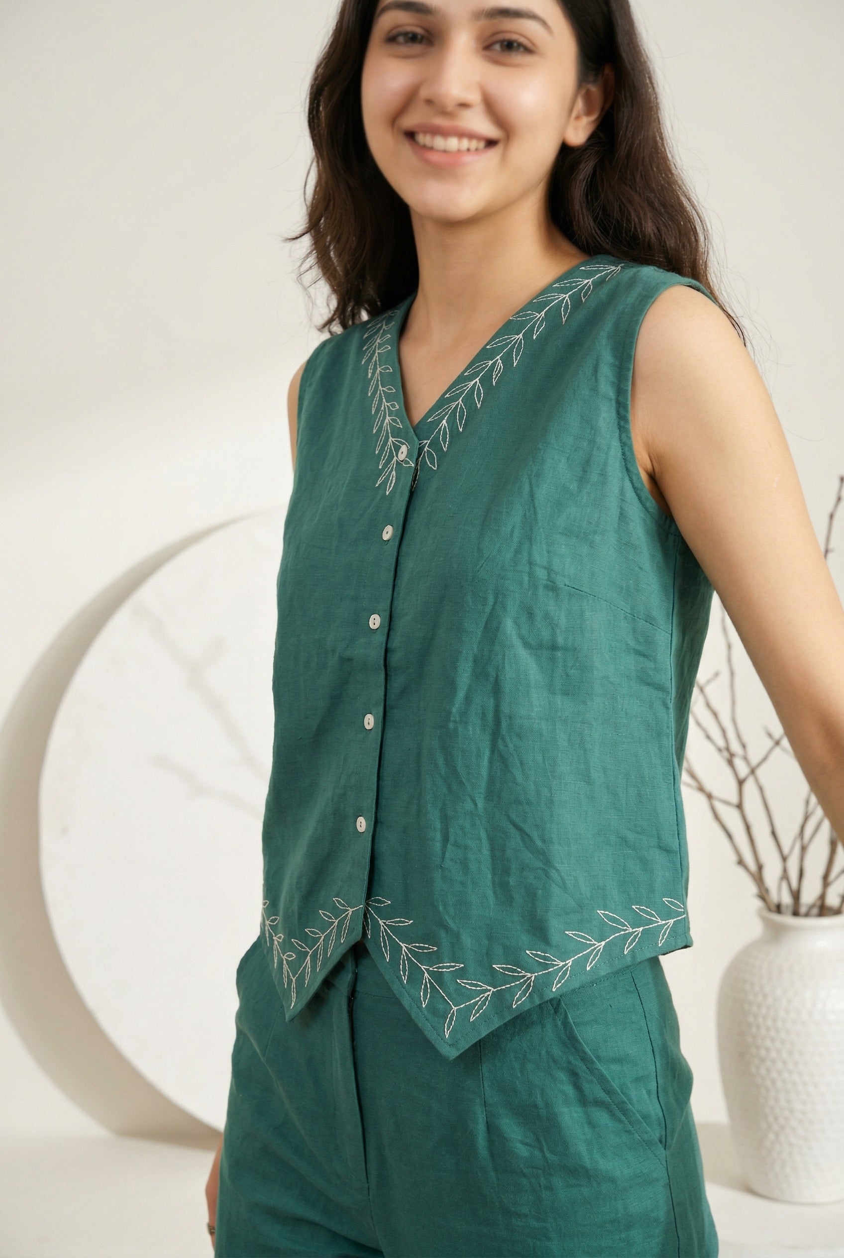 Teal Color V-Neck Solid Pure Cotton Co-ords Set for Women
