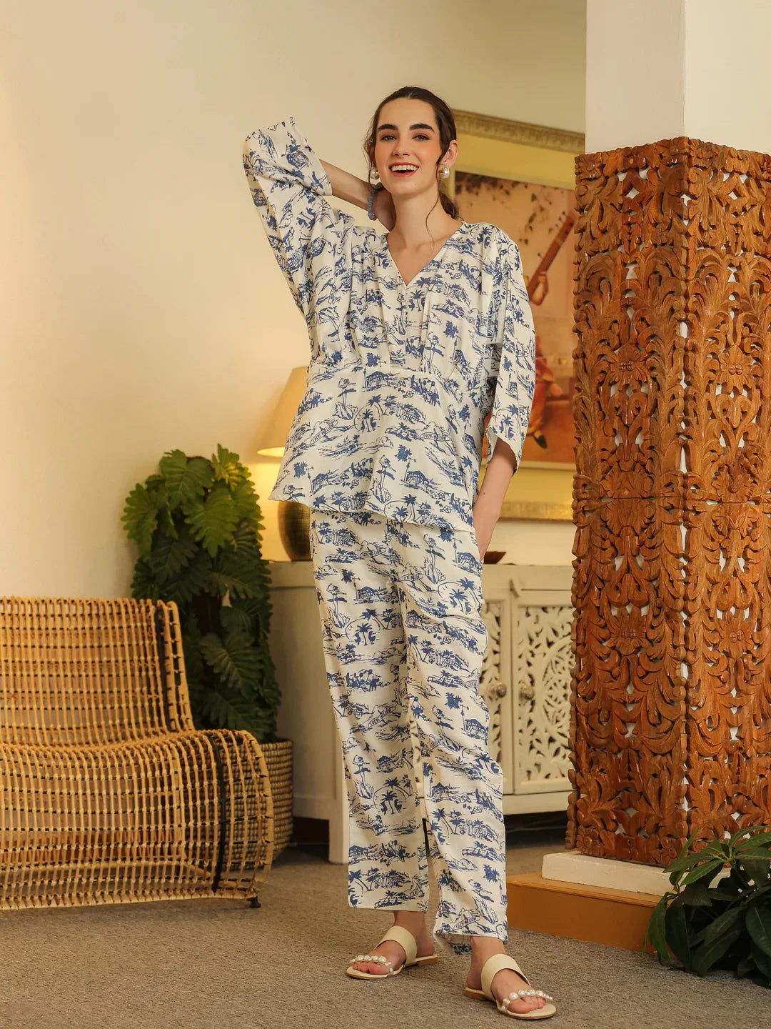 White V-Neck Pure Cotton Top Printed Co-ords Set for Women - SanskrutiHomes