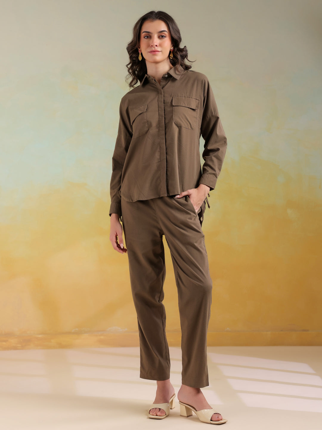 Camel Brown Color Shirt Collar Solid Co-Ords Set For Women