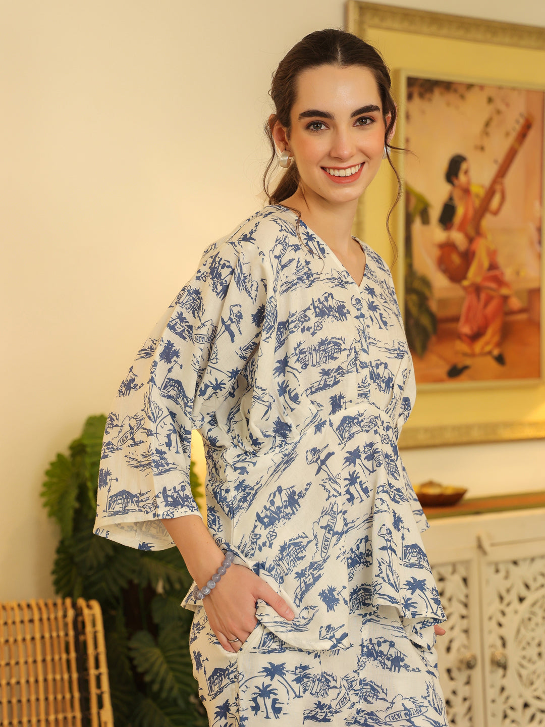 White V-Neck Pure Cotton Top Printed Co-ords Set for Women - SanskrutiHomes