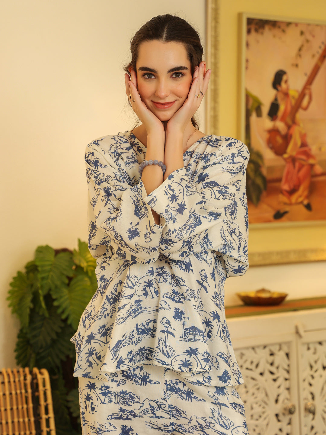 White V-Neck Pure Cotton Top Printed Co-ords Set for Women