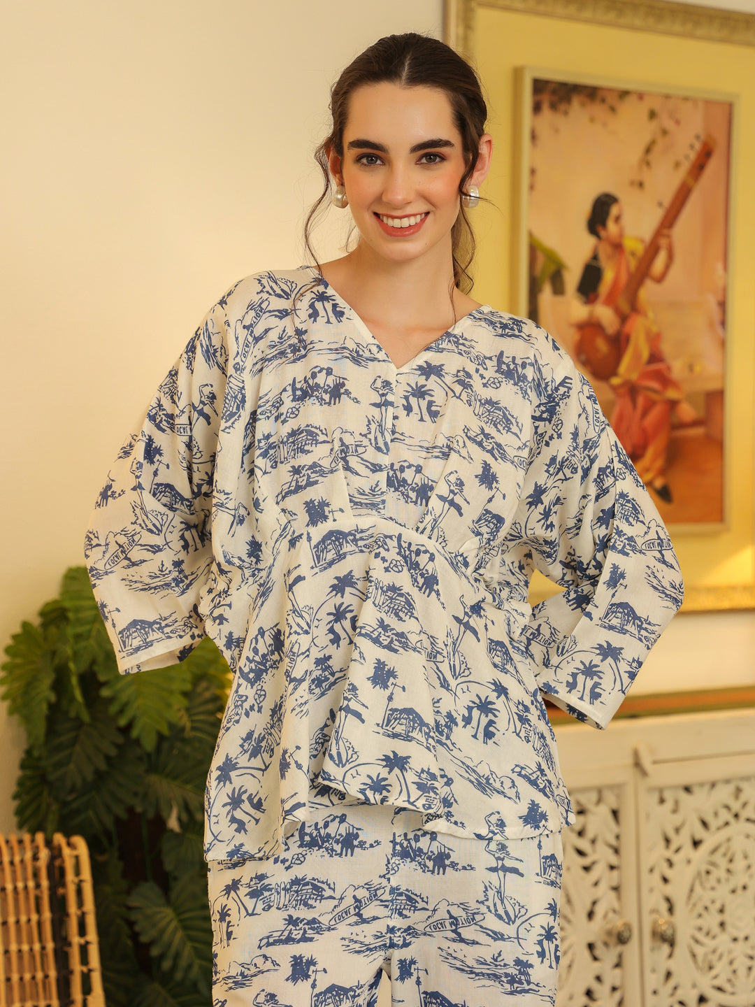 White V-Neck Pure Cotton Top Printed Co-ords Set for Women