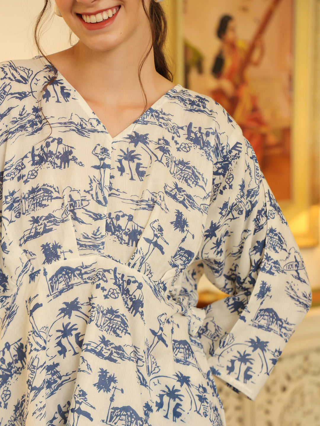 White V-Neck Pure Cotton Top Printed Co-ords Set for Women