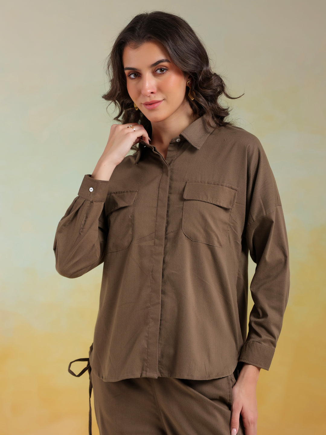 Camel Brown Color Shirt Collar Solid Co-Ords Set For Women