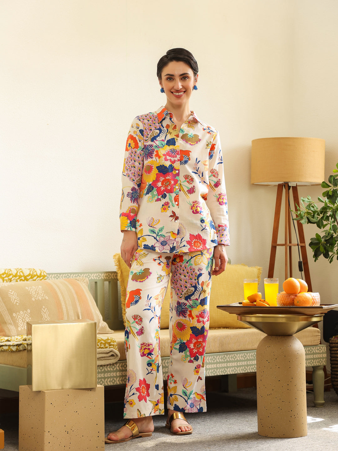 Off White Shirt Collar Pure Cotton Shirt Printed Co-ords Set for Women